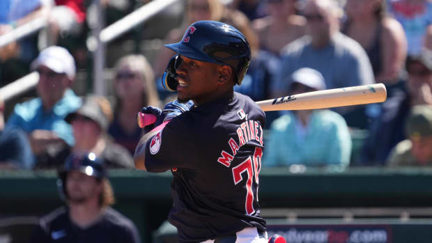 Mar 2, 2024; Goodyear, Arizona, USA; Cleveland Guardians second baseman Angel Martínez (79) bats against the Kansas City Royals during the first inning at Goodyear Ballpark.